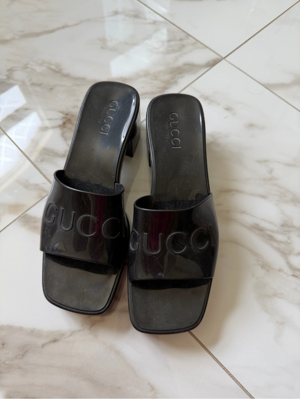 Gucci Black Patent Logo Slide Mules